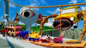 Большие и маленькие машины против сломанного моста с башней водяной глаз