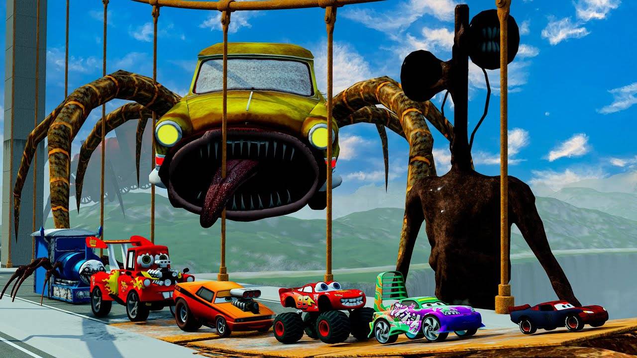 Большие и маленькие машины, против сломанного моста с сиреноголовым и пожирателем автомобилей смотреть онлайн