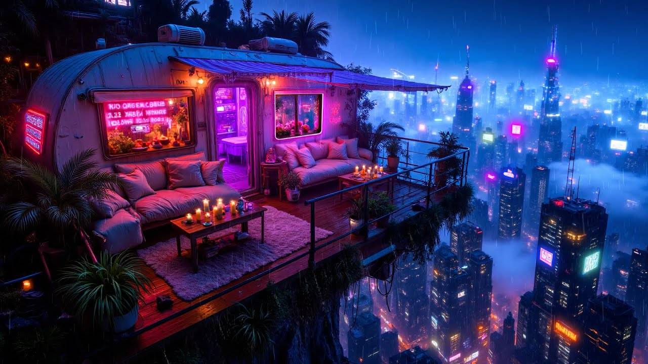 Lofi Hip Hop Rain Mix 🌃 Chill & Focus In A Neon Rooftop Cabin Over Cyberpunk City Lofi Rain Playlis