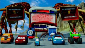 Большие и маленькие машины против скоростного спуска с пожирателем автобусов