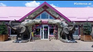 оформление  фасада  вход  в  парк Еленовка.скульптура слонов  из  арт бетона.