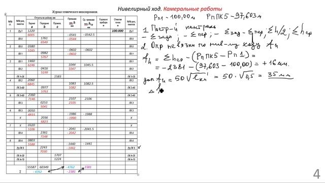 Нивелирный ход - Камеральные работы