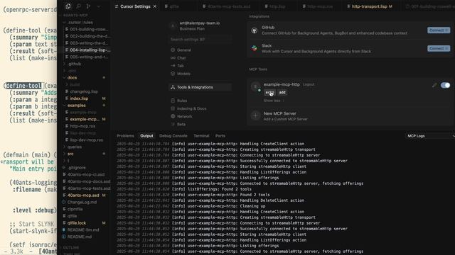 Демонстрация интерактивного обновления инструментов предоставляемых MCP сервером на Common Lisp смотреть онлайн
