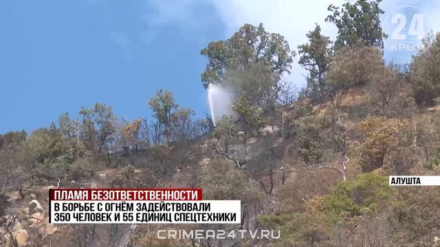 Борьба с огнём: в Крыму спасатели и волонтёры вторые сутки тушат пожар на горе Кастель