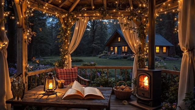 Летняя веранда домика ночью с камином – потрескивание дров и тишина природы смотреть онлайн