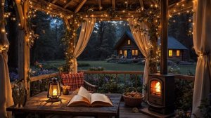 Летняя веранда домика ночью с камином – потрескивание дров и тишина природы