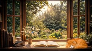 Атмосфера садовой библиотеки: окно, звон колокольчиков и спокойные звуки природы для релаксации