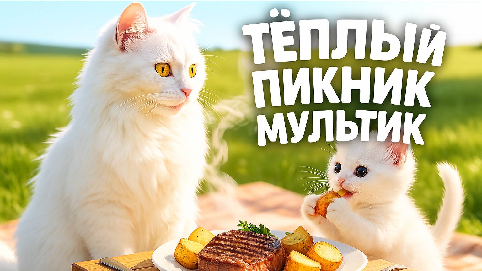 Кошка-Мама готовит стейк для своего котёнка – тёплый пикник на природе | мультик 2025