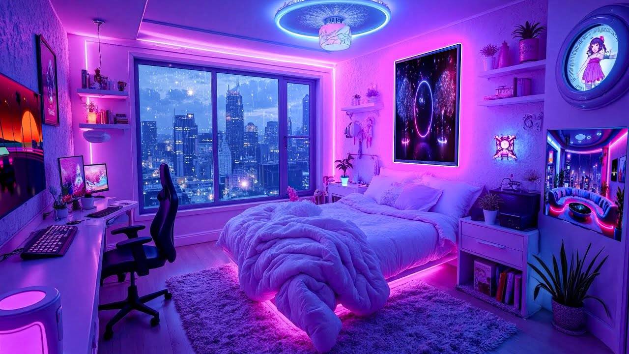 Neon Dreams 💜 Lofi Rain & Chill Beats In A Futuristic Gamer Room For Study & Sleep 🌧️