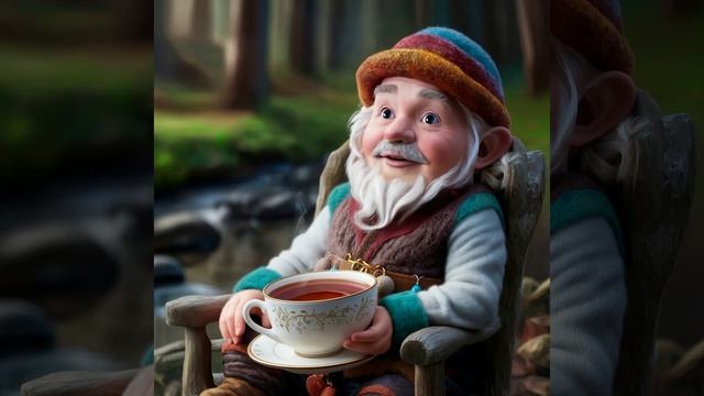 Gen-4 The Gnome Drinks Tea, Looks At The Camera, Waves His Hand Affably And Smiles European Appearan