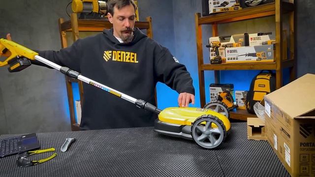 Обзор портативной аккумуляторной газонокосилки DENZEL CLM-22, 58860 смотреть онлайн