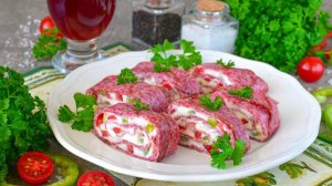 Закусочные рулеты из колбасы с сыром