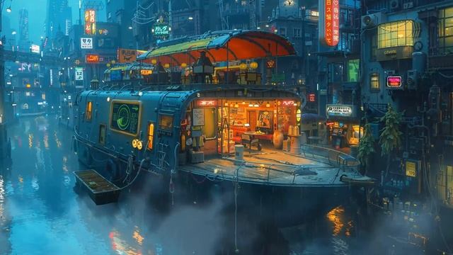 Futuristic River Boat Dark Ambient  Neon Cityscape Rain Ambience For Focus #Cyberpunk #Ambience