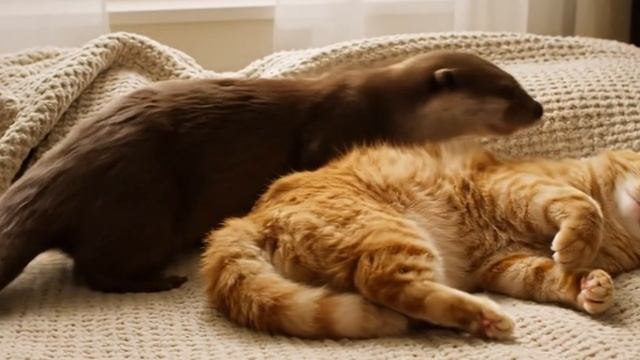 Выдра и рыжий кот лучшие друзья. смотреть интересное видео про животных смотреть онлайн