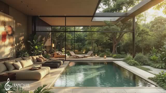 Calm Morning Jazz by Poolside _ Forest Retreat Ambience for Good Moods and Stress Relief смотреть онлайн