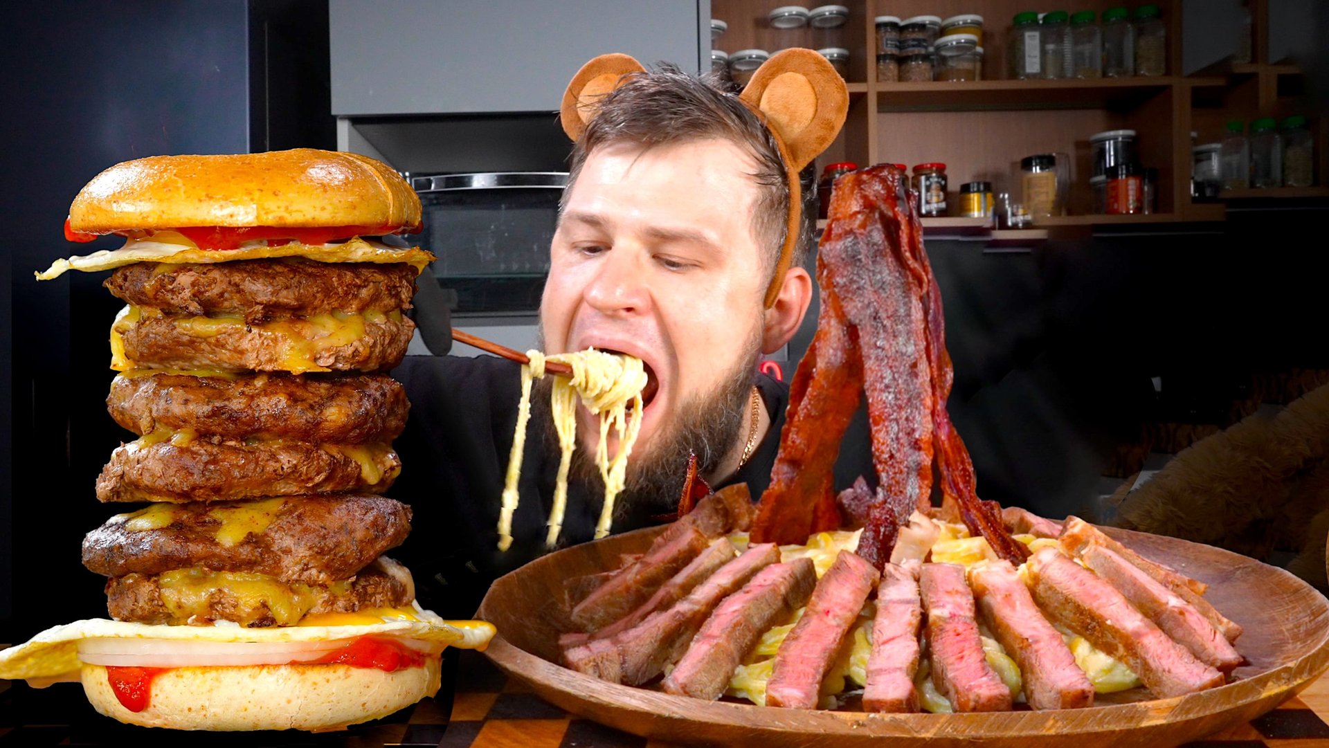 MEGA BURGER TOWER, CREAMY SPAGHETTI WITH STEAK, ASMR MUKBANG, АСМР МУКБАНГ, 먹방, 大食い, たべる, 谢尔盖 смотреть онлайн