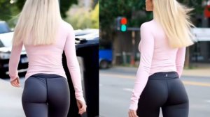 Спортивная блондинка в обтягивающих легинсах гуляет по улице