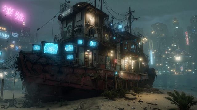 NEON SHIPWRECK Cyberpunk Ambience  Futuristic Beach & Neon Lights For Relaxation & Focus