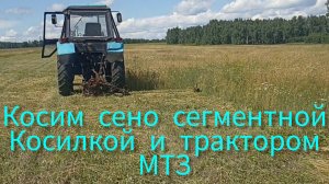 Сегментная косилка, прошедшая ремонт, работает на сенокосе в паре с трактором МТЗ-82.1.