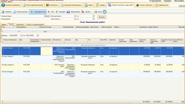 Учет доходных и расходных спецификаций в программе 