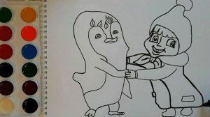 Маша и Медведь. Маша и Пингвинёнок. Мультик-раскраска. Учим цвета.