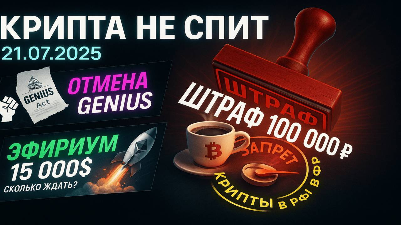 КРИПТА НОВОСТИ 21.07.2025 | ШТРАФЫ ЗА КРИПТУ В РФ | ЭФИРИУМ ПО $15 000 СКОРО | ОТМЕНА GENIUS В США? смотреть онлайн