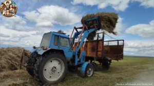 Сняли косилку, поставили уголок, прицепили грабли — работа кипит! Загружаем и складываем сено.