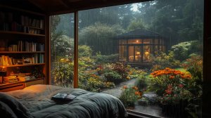 Успокаивающие Звуки Дождя с Грозой в Садовой Библиотеке | Шум Дождя для Чтения и Сна