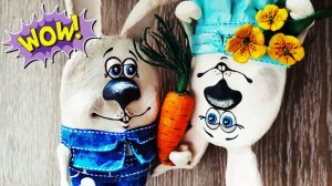 Декоративные кролики из втулок от туалетной бумаги. Зайцы папье-маше с морковкой 🥕 и цветами 🌻