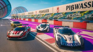 Мультики про машинки. 4 гоночные машины проходят полосу препятствий.