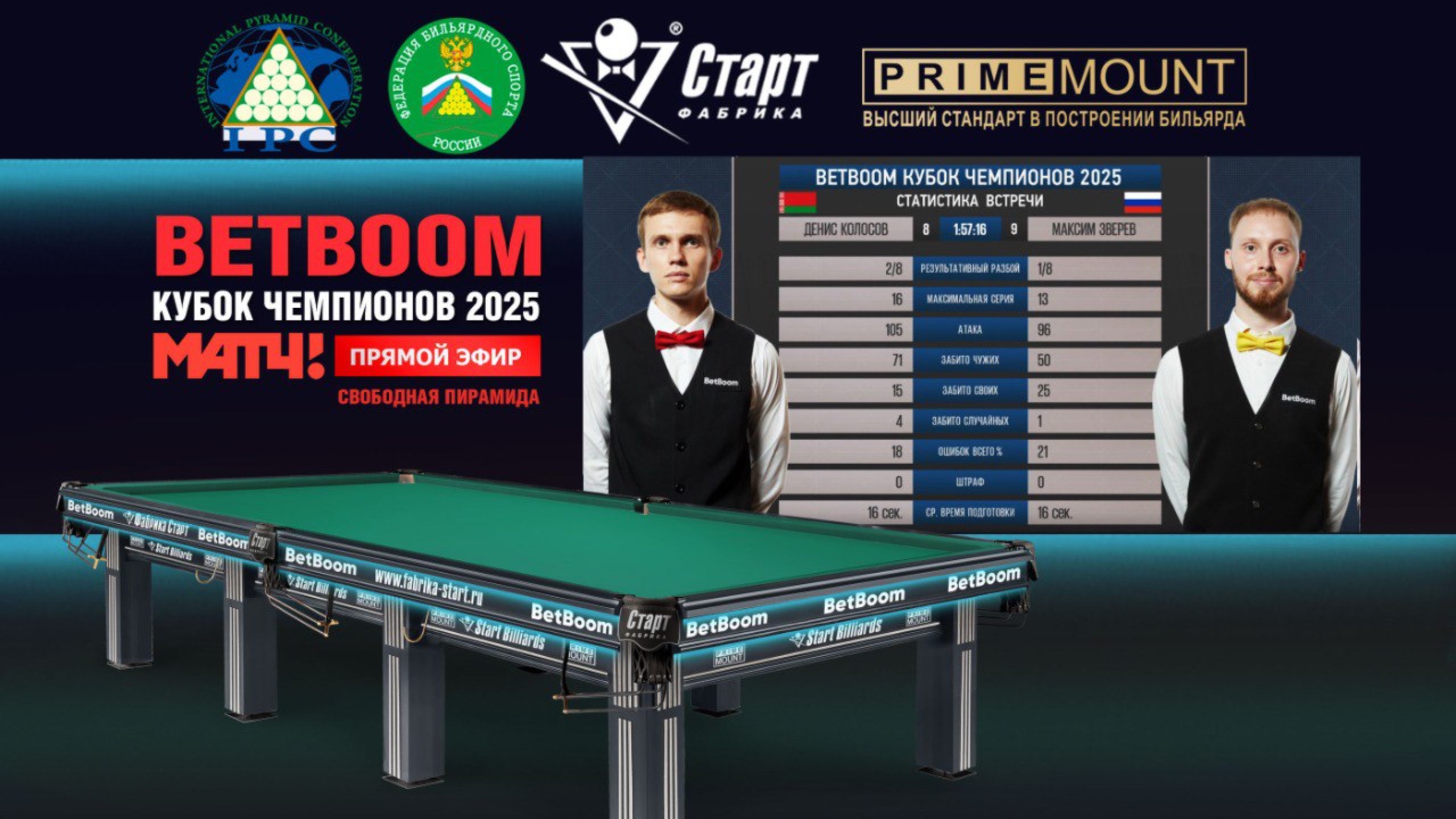Встреча 11 / 23.07.25. Betboom Кубок чемпионов 2025. Д.Колосов (BLR) - М. Зверев (RUS) смотреть онлайн