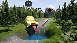 Большой и маленький ПОЖИРАТЕЛЬ АВТОМОБИЛЕЙ против водяной ямы с ГОЛОВОЙ ДОМА и БАШНЕЙ с ВОДЯНЫМ ГЛАЗ