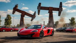 Мультики про машинки.  Спортивные машину прыгают с рампы на крутящиеся молотки.