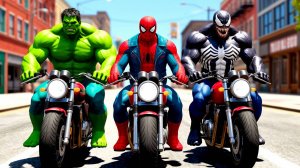 Мультики для малышей. Супер герои проходят трассу с препятствиями на мотоциклах.