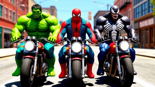 Мультики для малышей. Супер герои проходят трассу с препятствиями на мотоциклах.