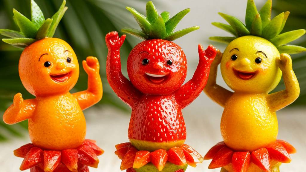 Детские фруктовые фигурки танцуют в ритмах тропического танца