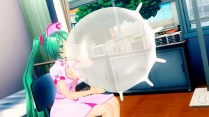 Anime nurse blow to pop big latex glove balloon