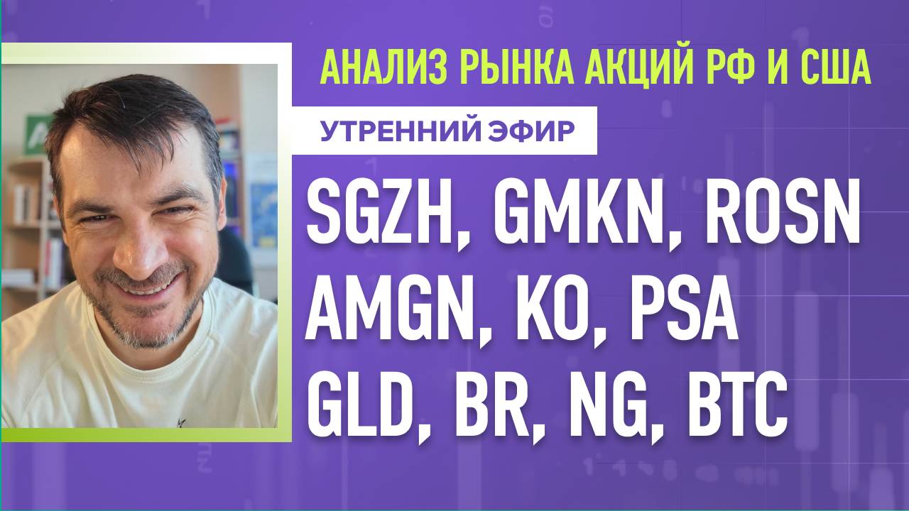 Анализ рынка акций РФ и США/ SGZH, GMKN, ROSN, AMGN, KO, PSA/ GLD, BR, NG, BTC