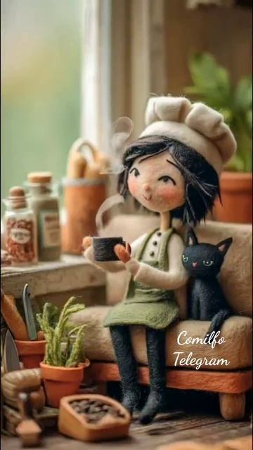 милое видео от нейросетей - куколка и котик хозяйничают на кухне.mp4