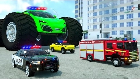 Гигантские колеса и гигантские машины. - Полицейская машина против спортивной машины смотреть онлайн