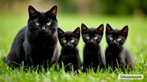 Семья чёрных котиков идёт обедать кошка мама и её котята.