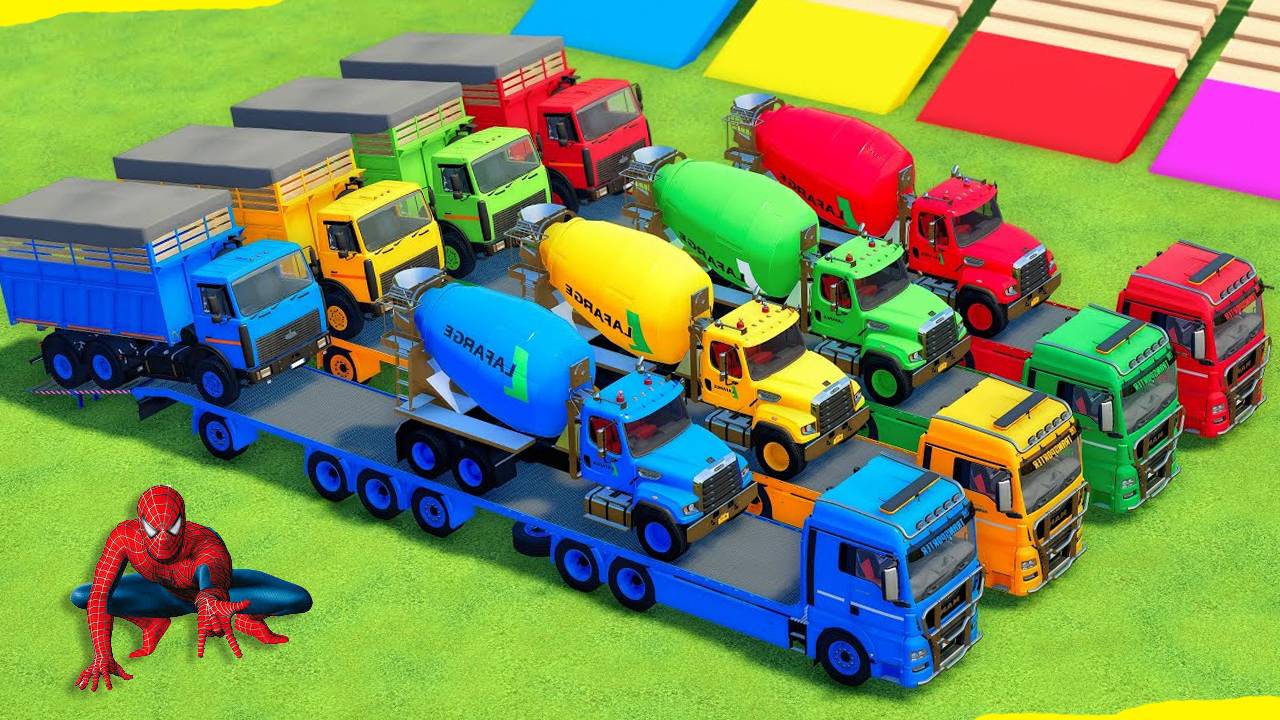 Мультики про яркие машинки для детей. Грузовики переезжают. Человек Паук, Халк, Марио. Мультики смотреть онлайн