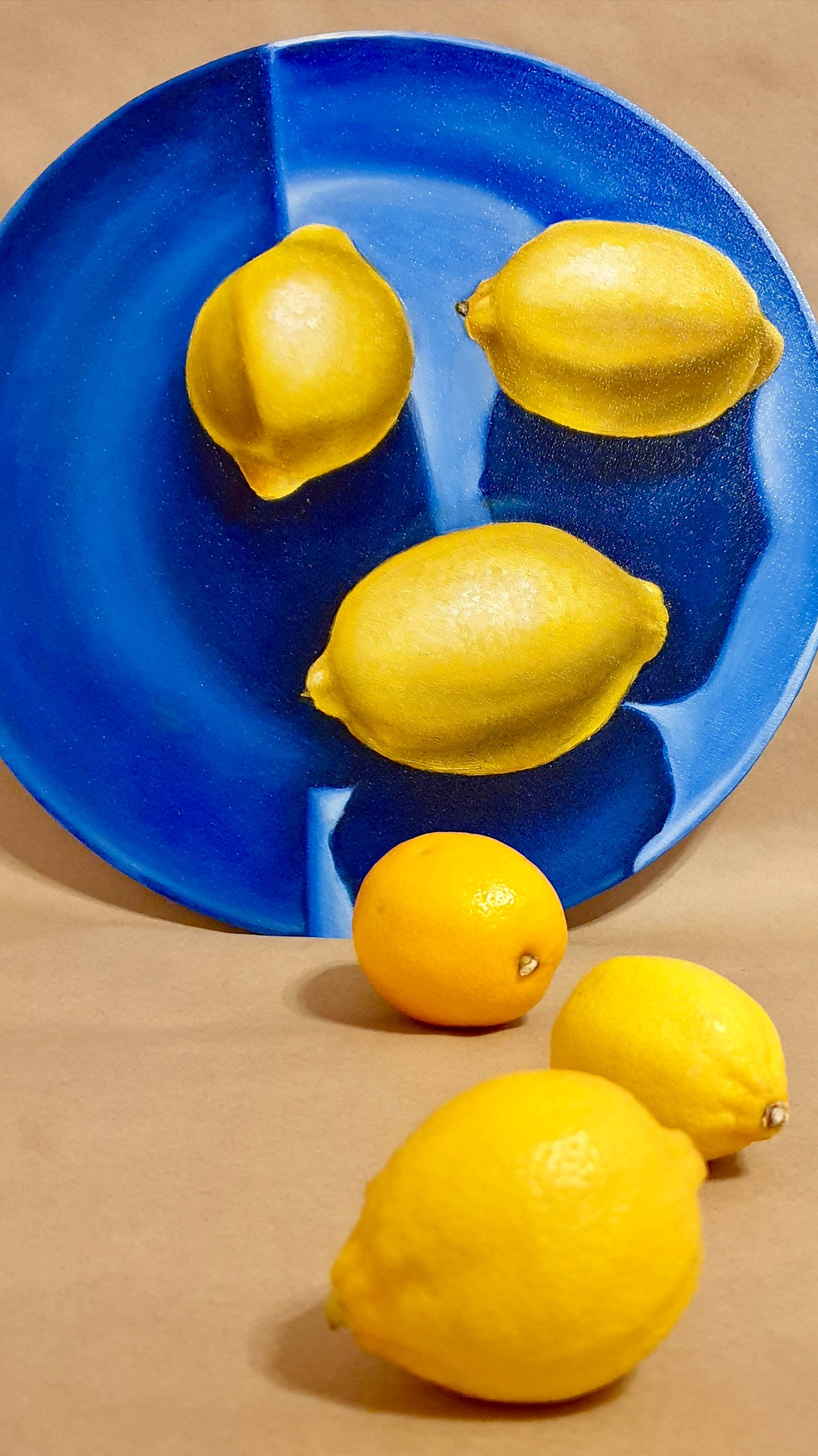 Круглая картина маслом «Три лимона».