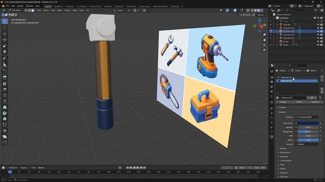 Окрашивание модели молотка в Blender