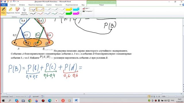 На рисунке показано дерево некоторого случайного эксперимента. Найдите P(A|B)— условную вероятность