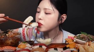 Мукбанг и Mukbang : 🍣 Лосось, брюшной жир тунца, икра морского ежа, креветки в соевом соусе