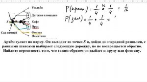 Артём гуляет по паркуОн выходит из точки S и дойдя до очередной развилки с равными шансами выбирает