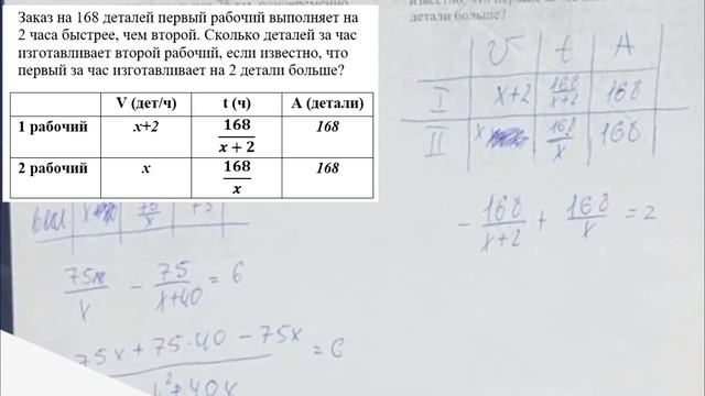 Заказ на 168 деталей первый рабочий выполняет на 2 часа быстрее, чем второй. Сколько деталей за час смотреть онлайн