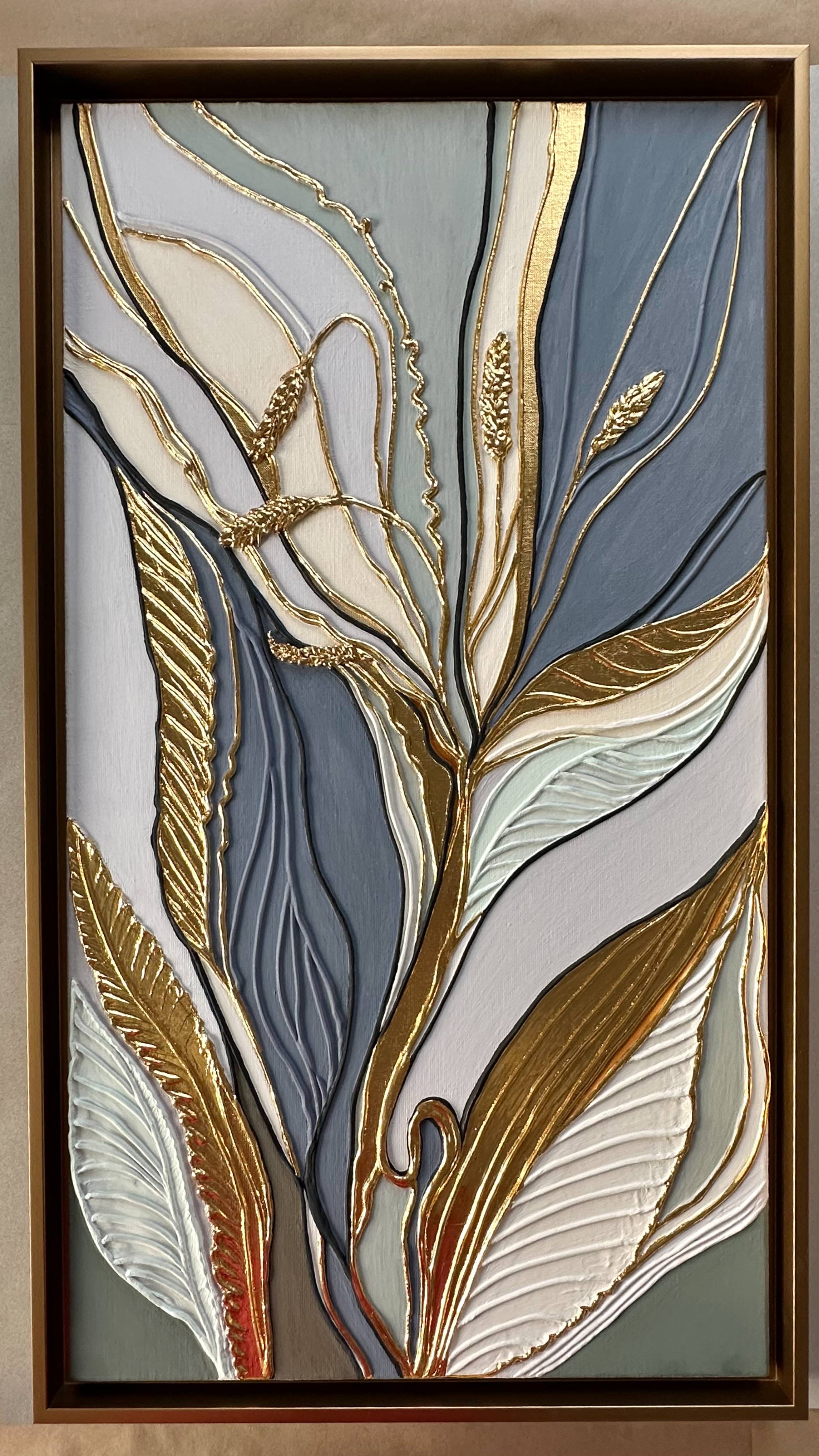Рельефная картина «Колоски». Абстракция. Абстрактная картина в виде стилизованных листьев и золоты