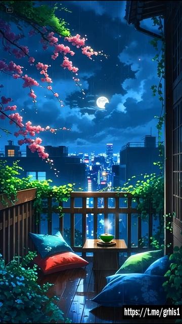 Moonlight & Rain on a Japanese Balcony – Anime Ambience смотреть онлайн